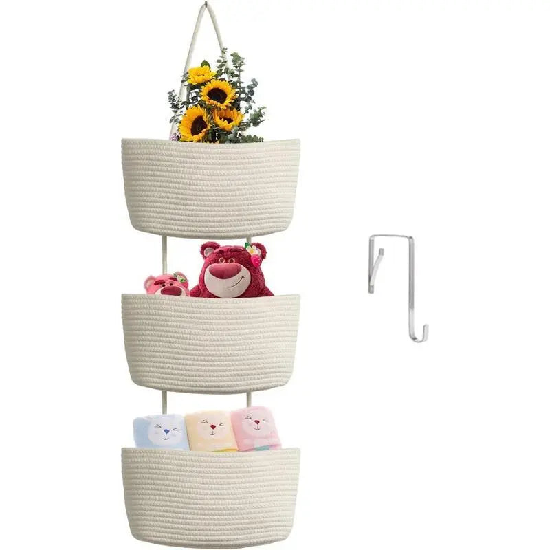 Woven Cotton 3-Tier Over-the-Door Hanging Storage Baskets