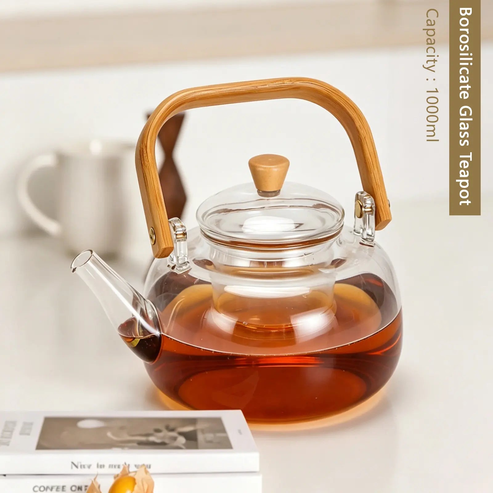 Large Heat-Resistant Glass Teapot with Bamboo Handle (1000ml)