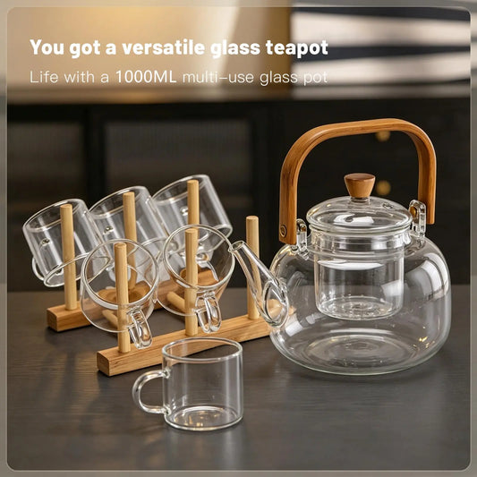 Large Heat-Resistant Glass Teapot with Bamboo Handle (1000ml)