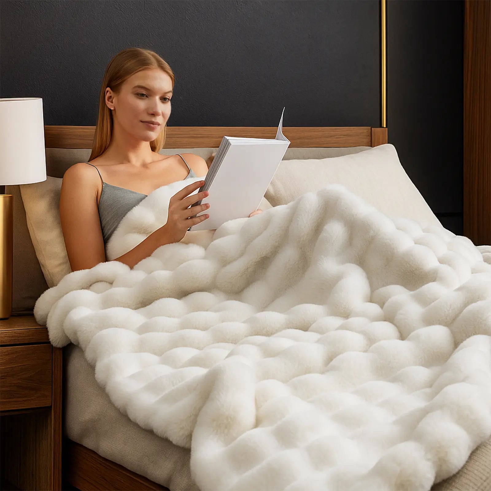 Cozy Bliss Faux Rabbit Fur Bubble Throw Blanket  