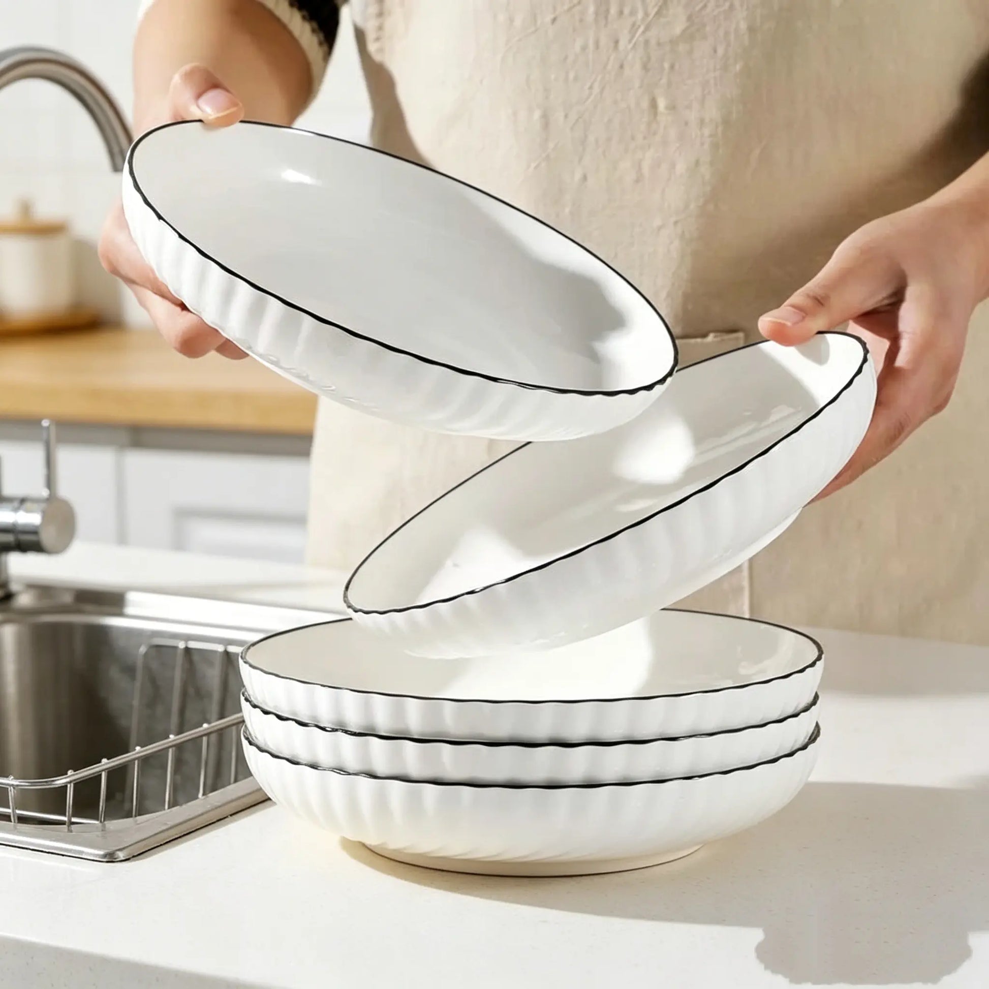 Minimalist Fluted Ceramic Dinner Plates (Set of 6)