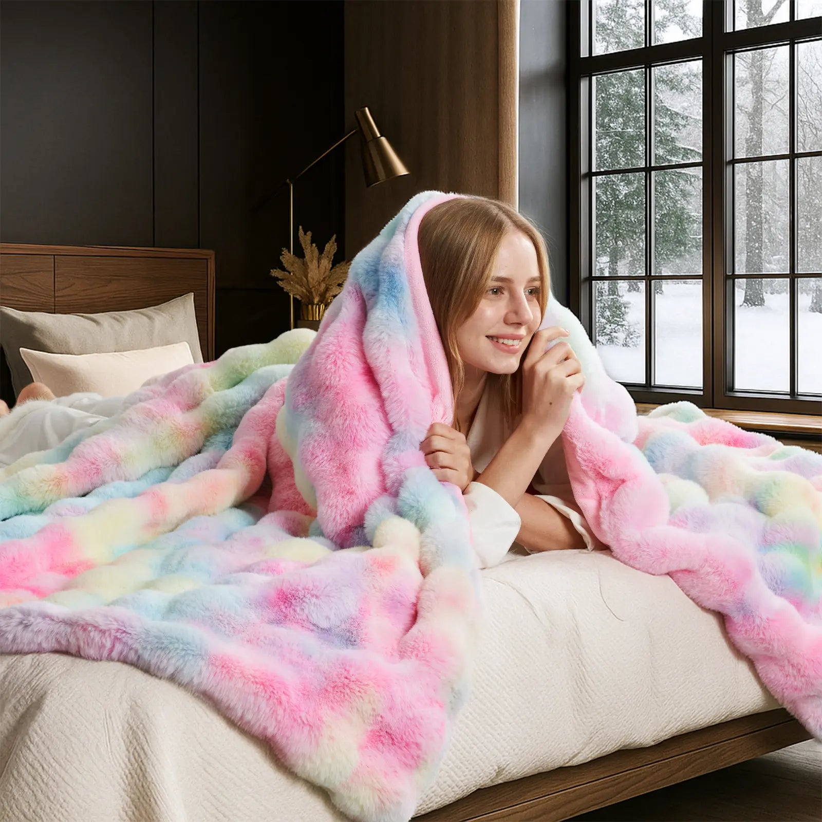 Cozy Bliss Faux Rabbit Fur Bubble Throw Blanket  