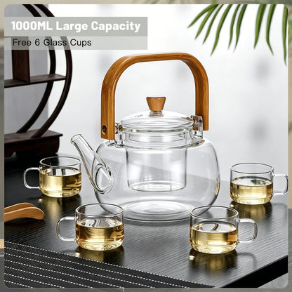 Large Heat-Resistant Glass Teapot with Bamboo Handle (1000ml)