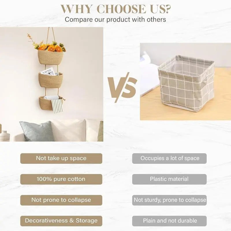 Woven Cotton 3-Tier Over-the-Door Hanging Storage Baskets