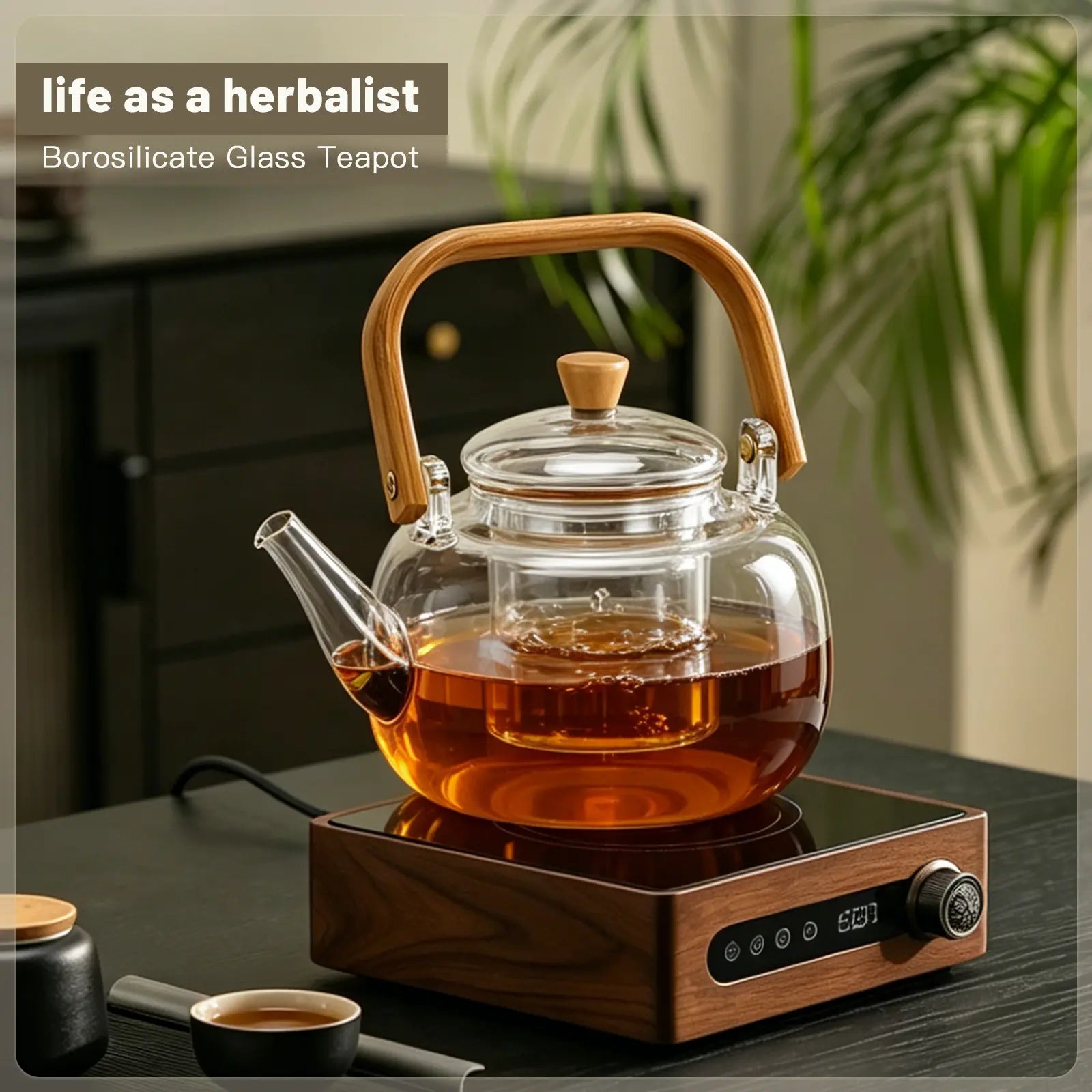 Large Heat-Resistant Glass Teapot with Bamboo Handle (1000ml)