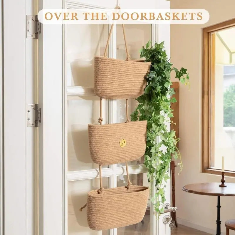 Woven Cotton 3-Tier Over-the-Door Hanging Storage Baskets