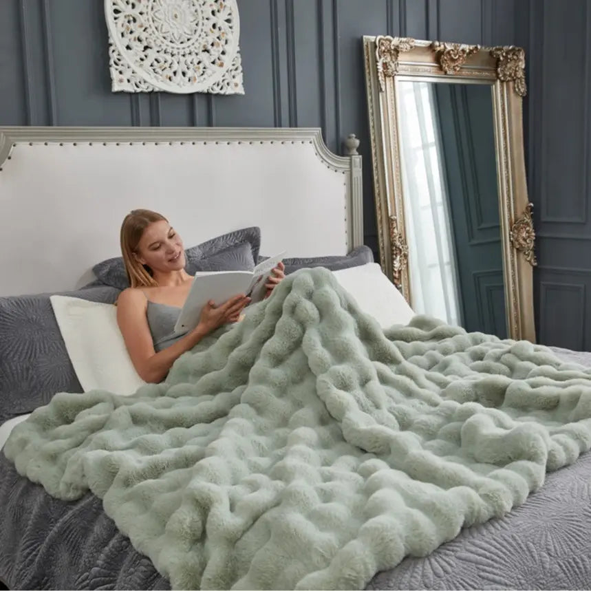 Cozy Bliss Faux Rabbit Fur Bubble Throw Blanket  