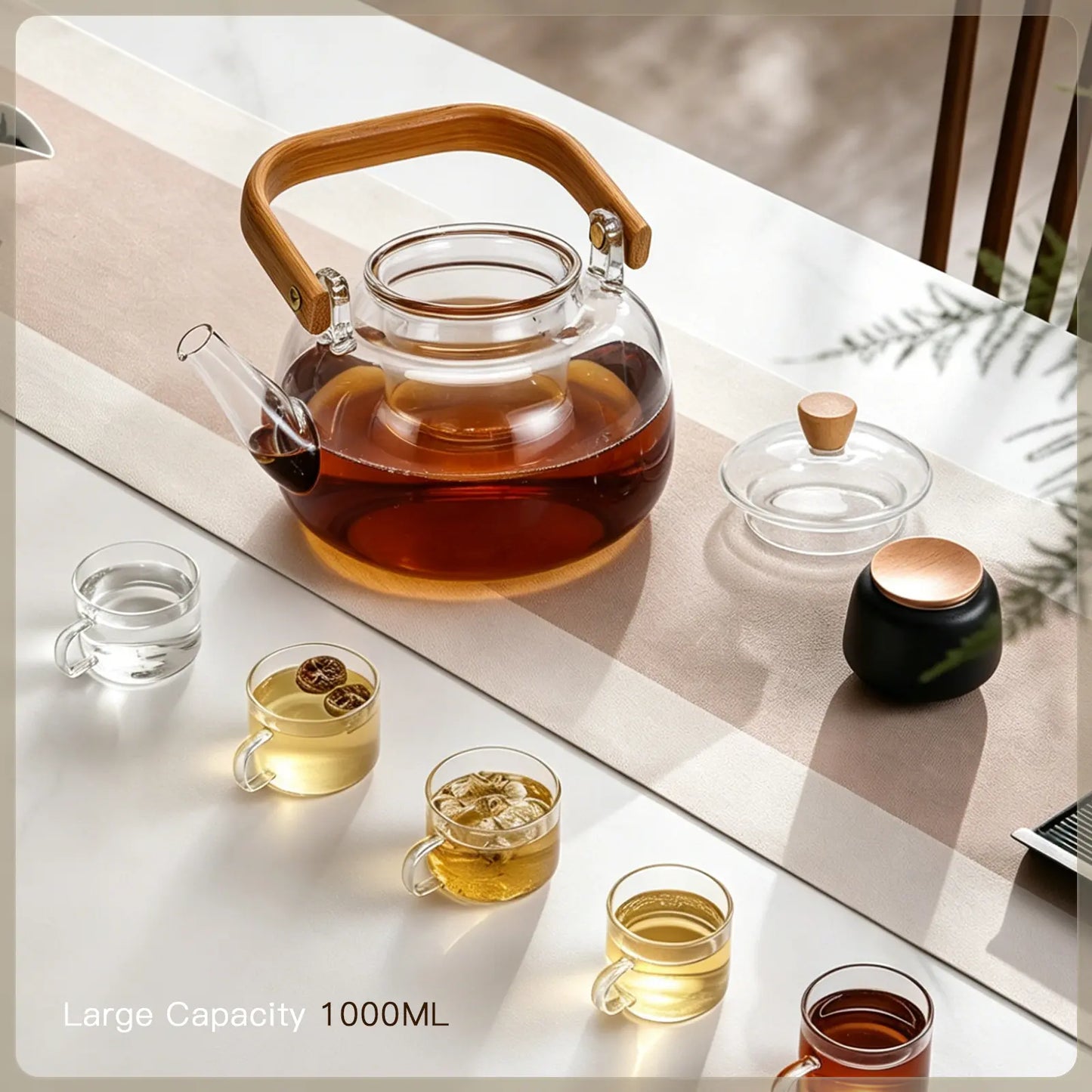 Large Heat-Resistant Glass Teapot with Bamboo Handle (1000ml)