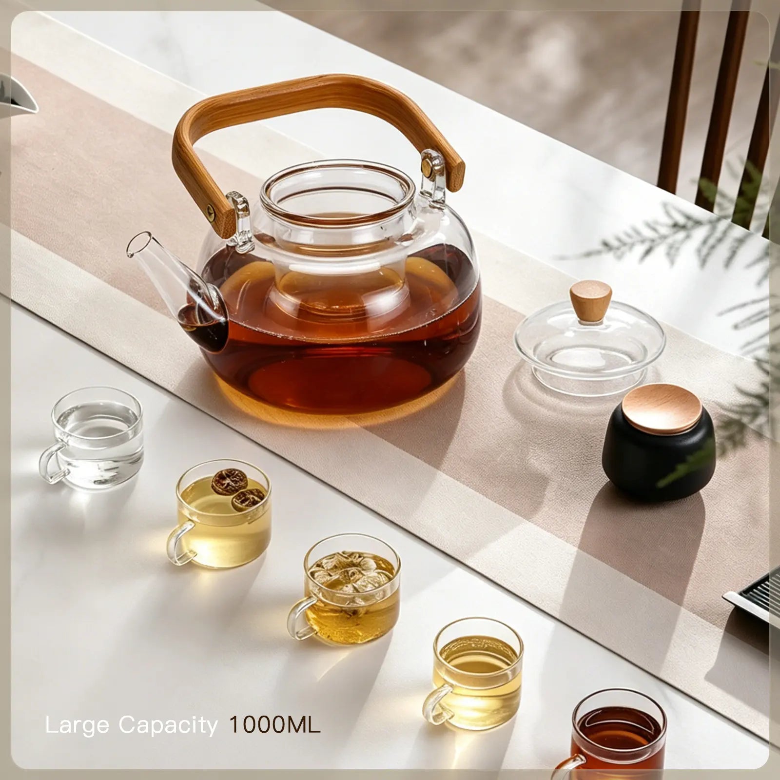 Large Heat-Resistant Glass Teapot with Bamboo Handle (1000ml)
