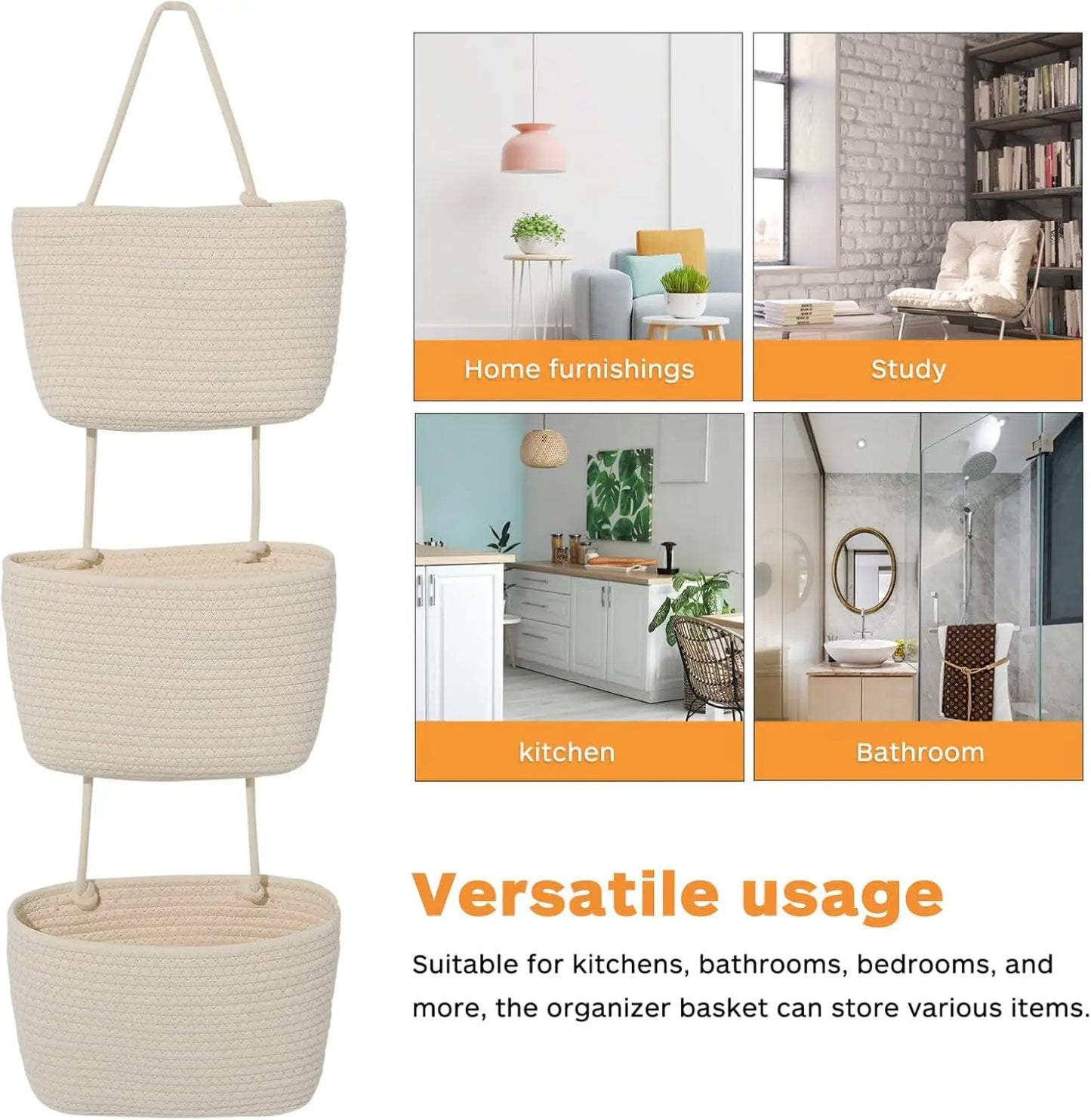 Woven Cotton 3-Tier Over-the-Door Hanging Storage Baskets
