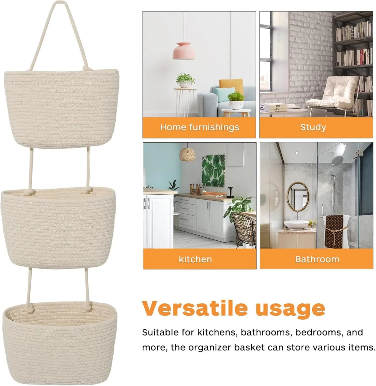 Woven Cotton 3-Tier Over-the-Door Hanging Storage Baskets