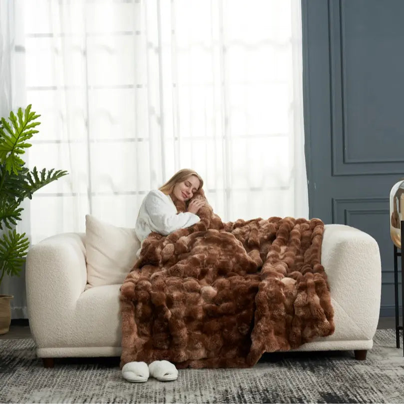 Cozy Bliss Faux Rabbit Fur Bubble Throw Blanket  