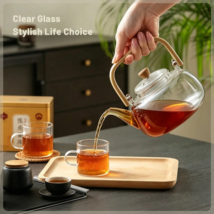 Large Heat-Resistant Glass Teapot with Bamboo Handle (1000ml)